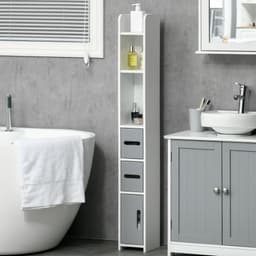 image-kleankin Freestanding Tall Bathroom Cabinet W/ Open Shelves 3 Cupboards, Grey
