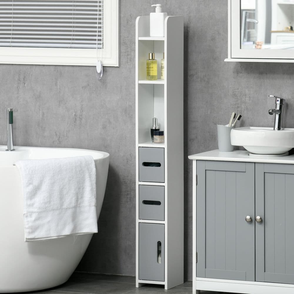 image-kleankin Freestanding Tall Bathroom Cabinet W/ Open Shelves 3 Cupboards, Grey