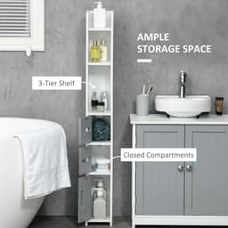 image-kleankin Freestanding Tall Bathroom Cabinet W/ Open Shelves 3 Cupboards, Grey