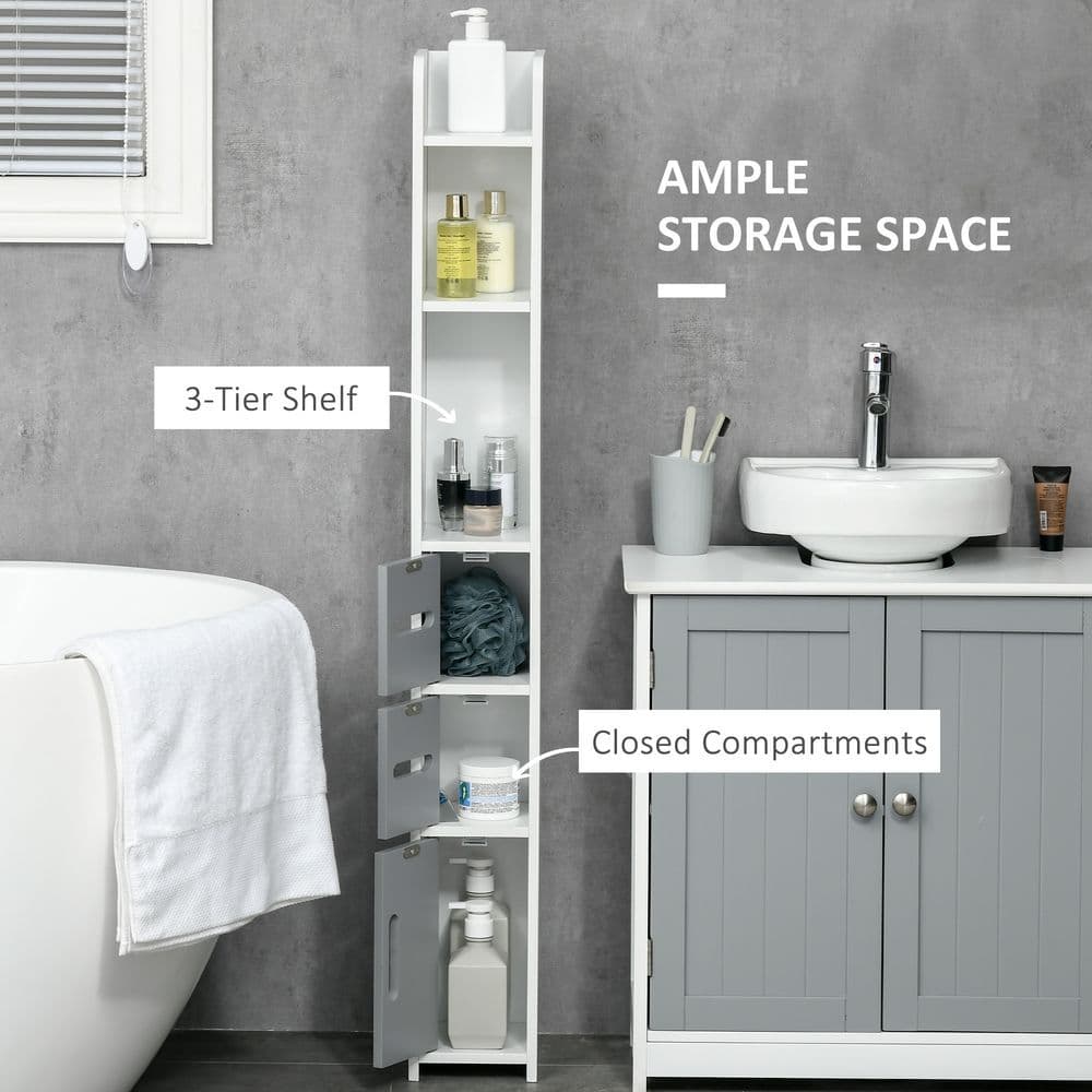 image-kleankin Freestanding Tall Bathroom Cabinet W/ Open Shelves 3 Cupboards, Grey