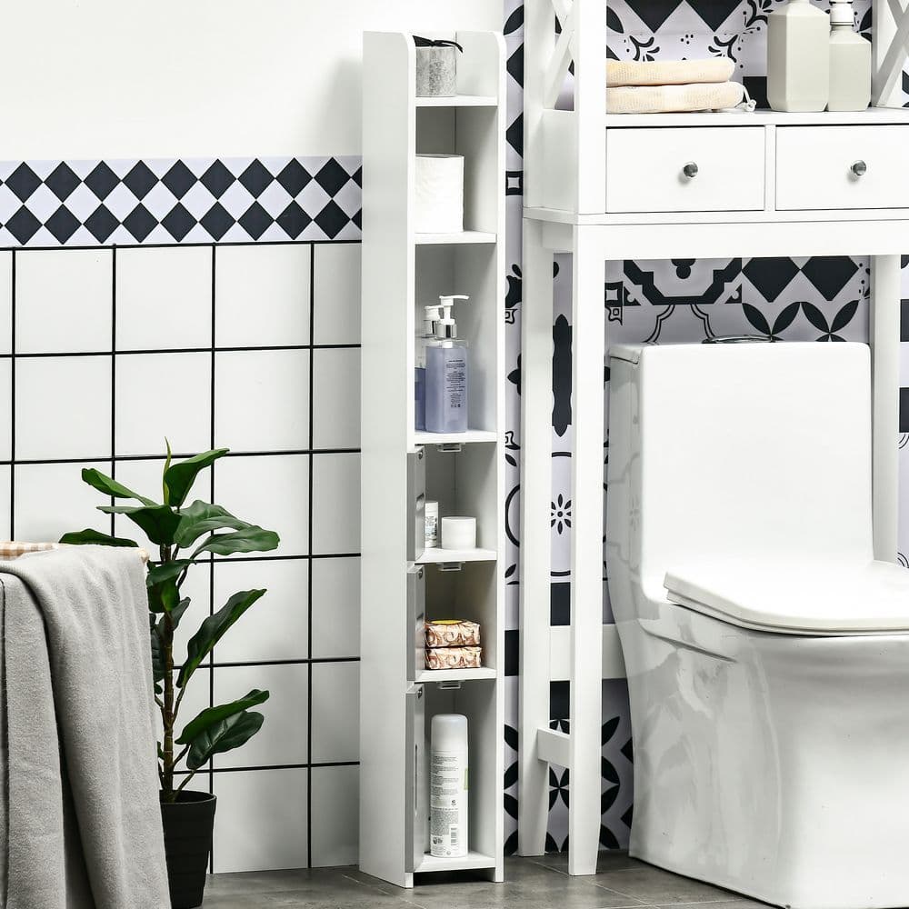 image-kleankin Freestanding Tall Bathroom Cabinet W/ Open Shelves 3 Cupboards, Grey