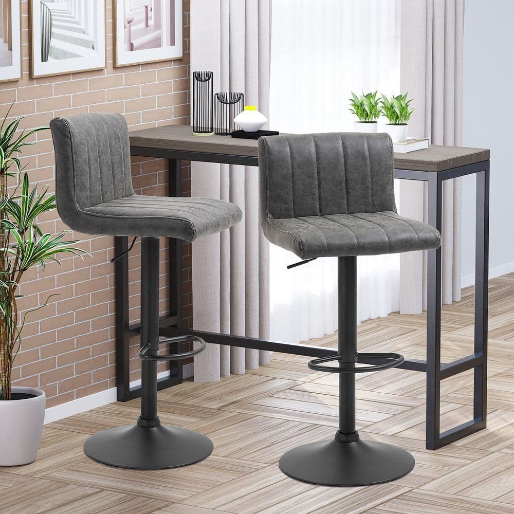 image-HOMCOM Barstools Set of 2 Adjustable Height Bar Chairs with Footrest, Grey