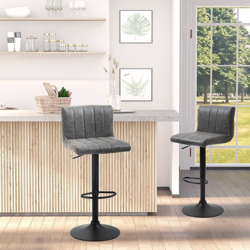 image-HOMCOM Barstools Set of 2 Adjustable Height Bar Chairs with Footrest, Grey