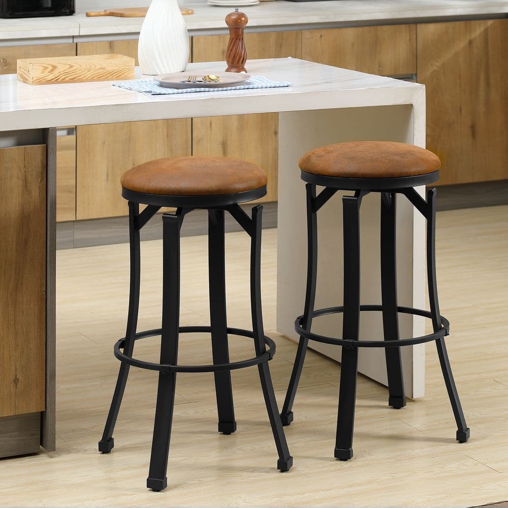 image-Bar Stools Set of 2 Microfiber Cloth Bar Chairs W/ Steel Legs Brown