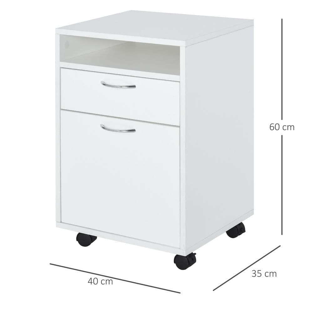 image-HOMCOM 60cm Storage Cabinet w/ Drawer Open Shelf Metal Handles 4 Wheels White