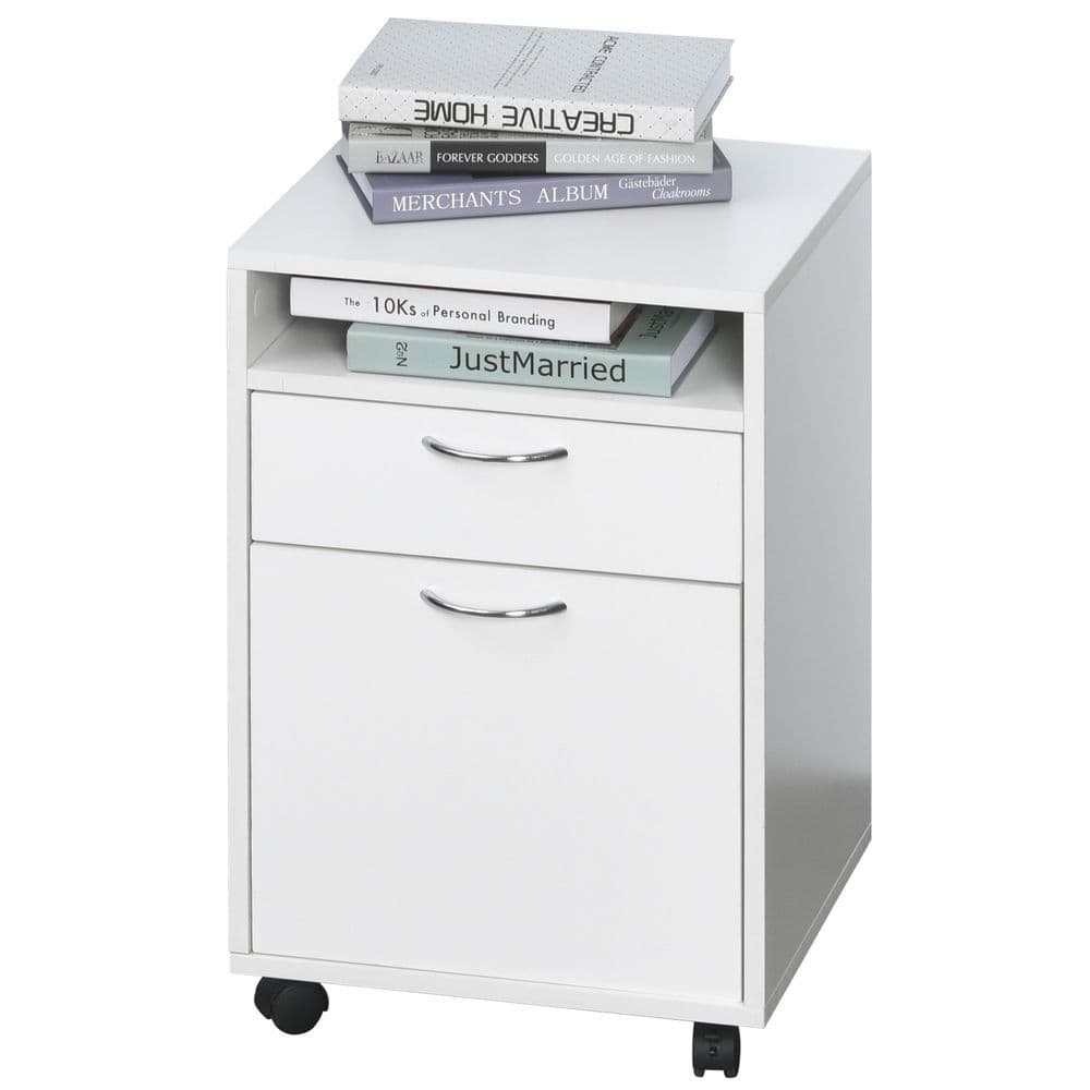 image-HOMCOM 60cm Storage Cabinet w/ Drawer Open Shelf Metal Handles 4 Wheels White