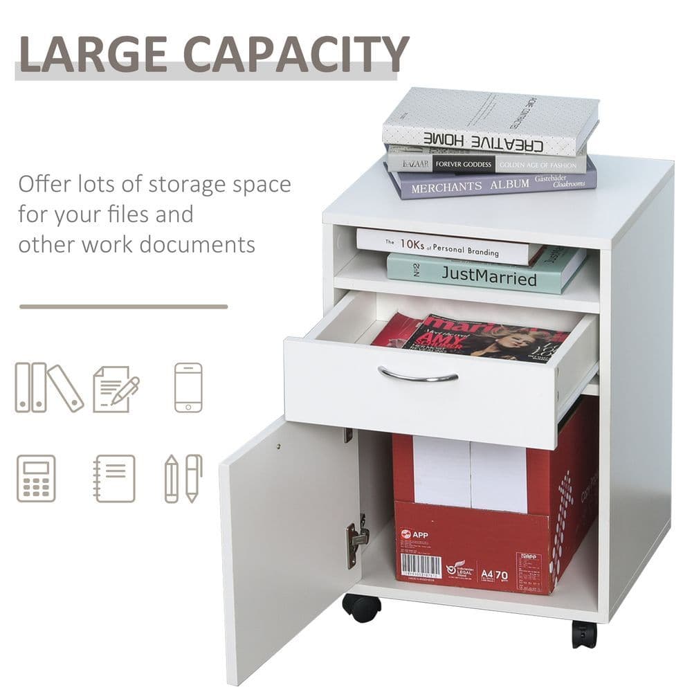image-HOMCOM 60cm Storage Cabinet w/ Drawer Open Shelf Metal Handles 4 Wheels White