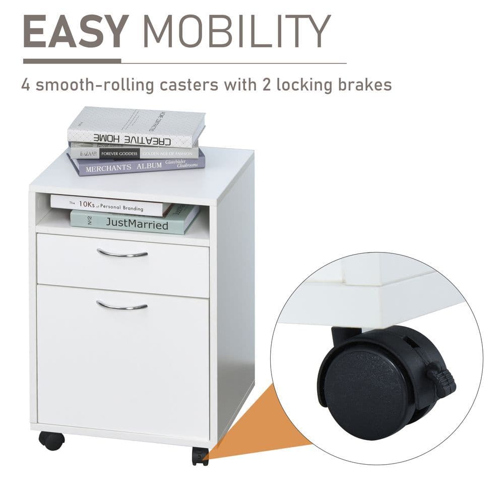 image-HOMCOM 60cm Storage Cabinet w/ Drawer Open Shelf Metal Handles 4 Wheels White