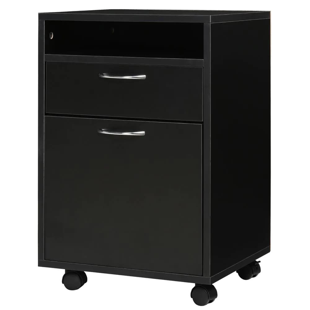 image-HOMCOM 60cm Storage Cabinet w/ Drawer Open Shelf Metal Handles 4 Wheels Black