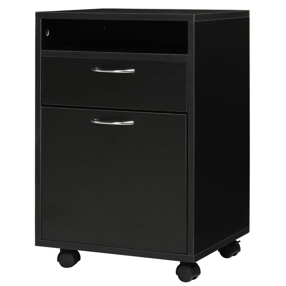 image-HOMCOM 60cm Storage Cabinet w/ Drawer Open Shelf Metal Handles 4 Wheels Black