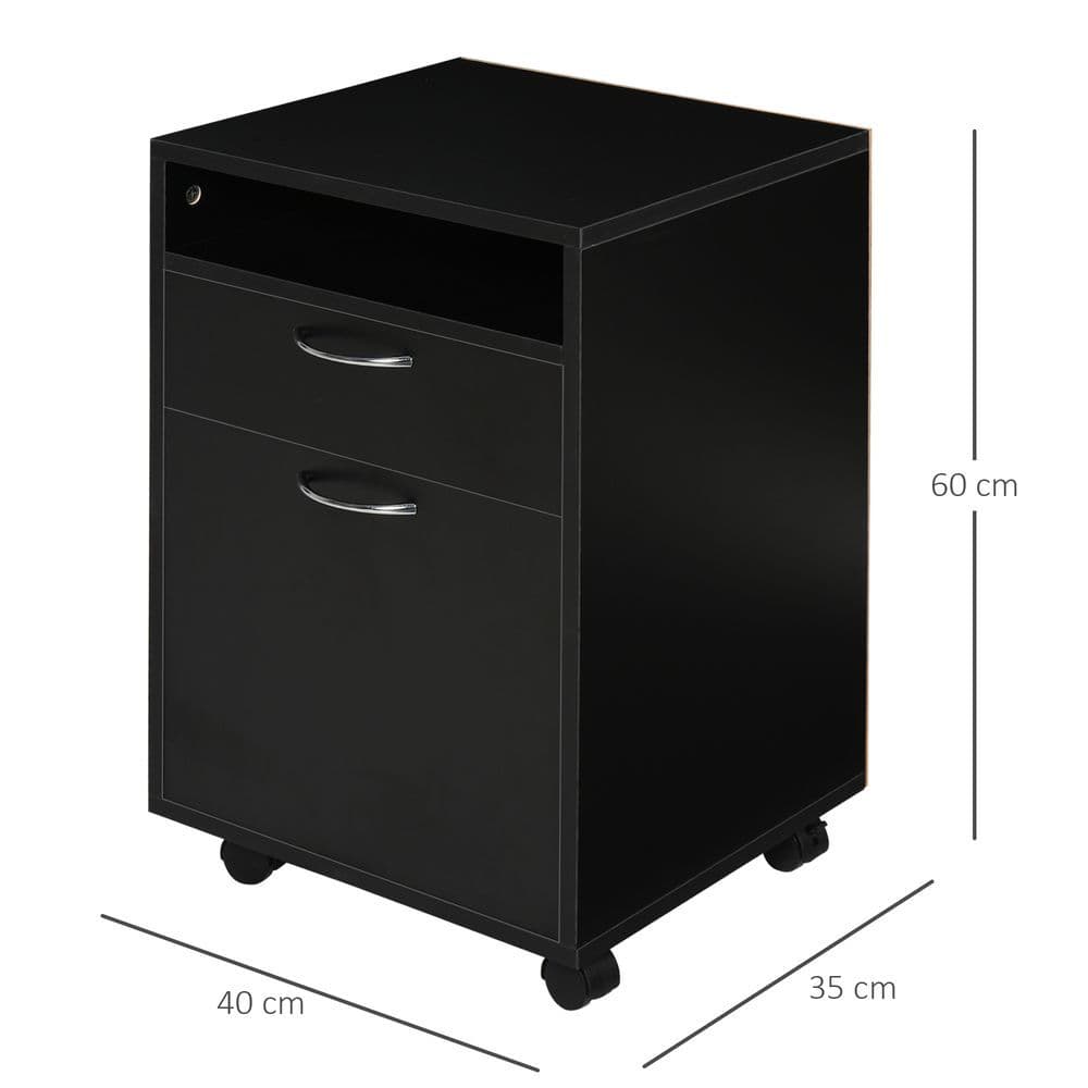 image-HOMCOM 60cm Storage Cabinet w/ Drawer Open Shelf Metal Handles 4 Wheels Black