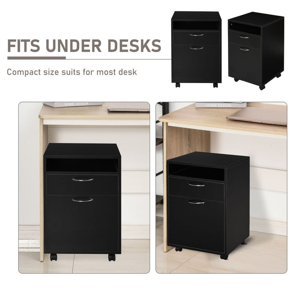 image-HOMCOM 60cm Storage Cabinet w/ Drawer Open Shelf Metal Handles 4 Wheels Black
