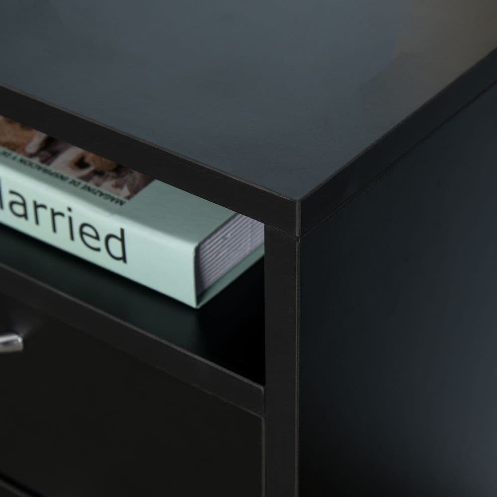 image-HOMCOM 60cm Storage Cabinet w/ Drawer Open Shelf Metal Handles 4 Wheels Black