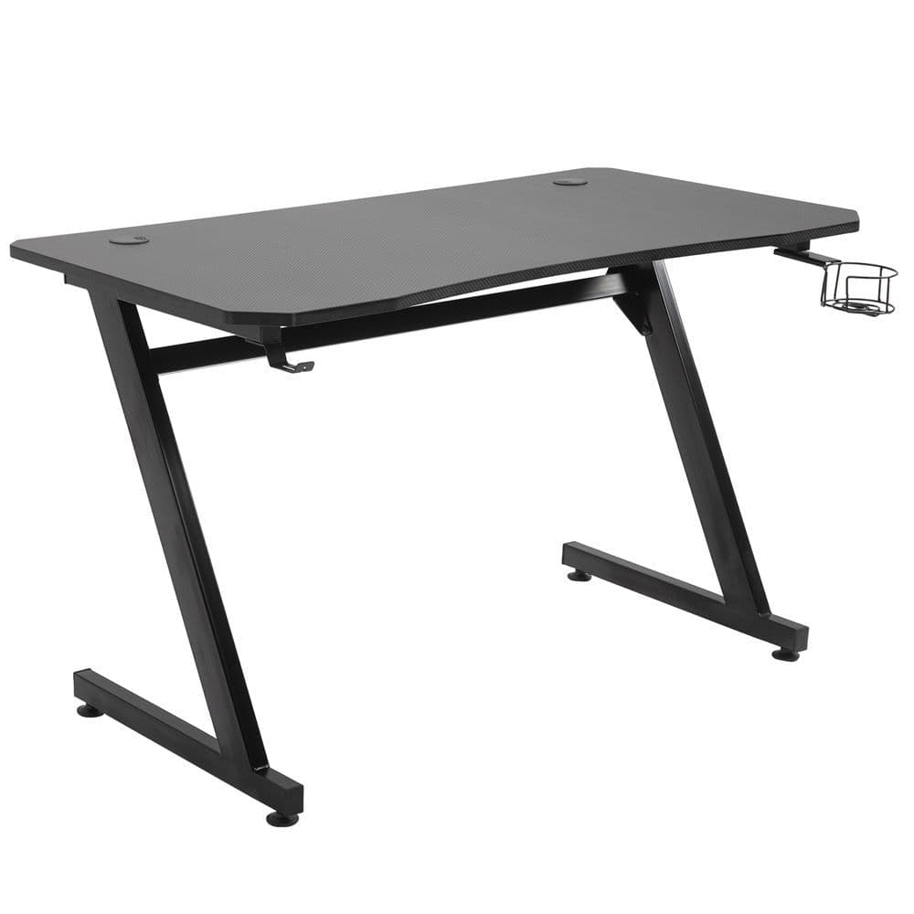 image-Gaming Desk Steel Frame Cup Headphone Holder Adjustable Feet Home Black