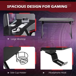 image-Gaming Desk Steel Frame Cup Headphone Holder Adjustable Feet Home Black