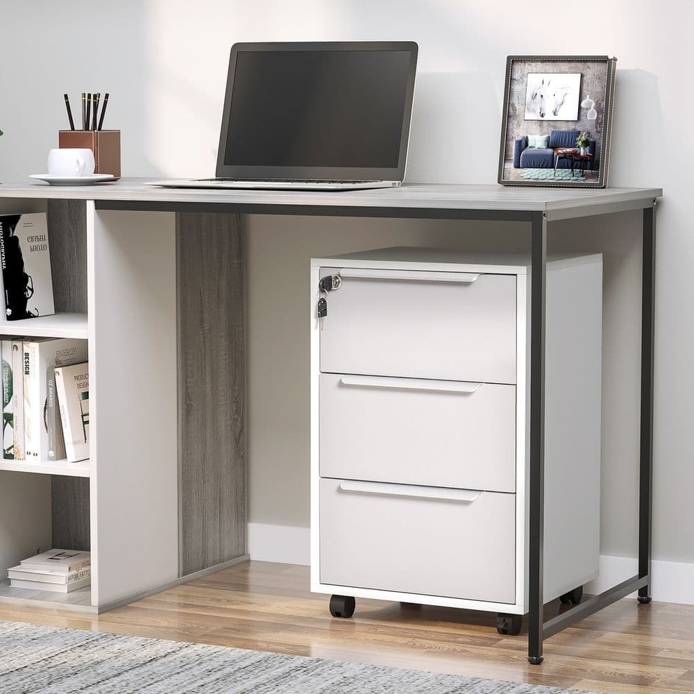 image-3-Drawer Locking File Cabinet Mobile Chest of Drawers Side Table Wheels