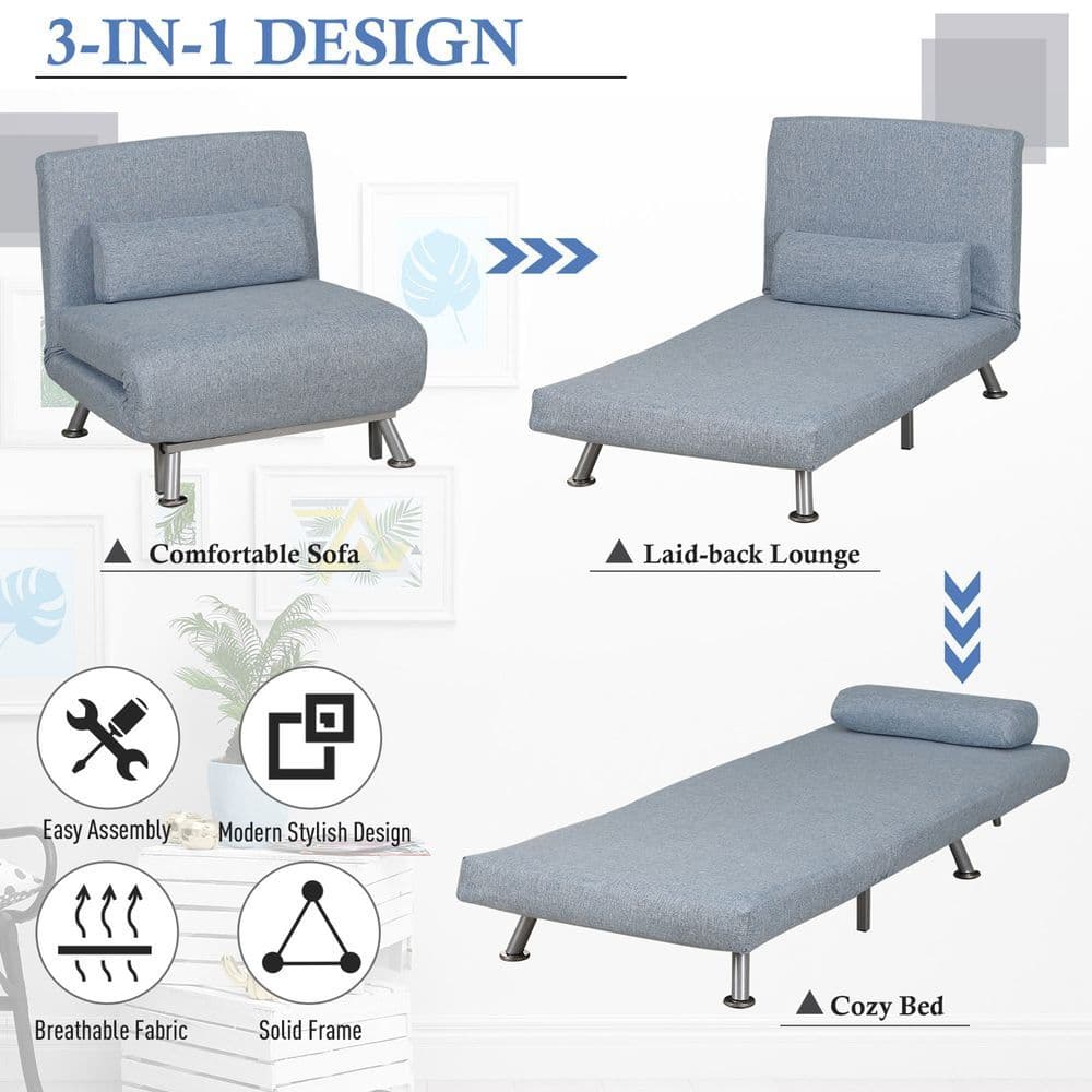 image-Single Folding 5 Position Convertible Sleeper Chair Sofa Bed Blue