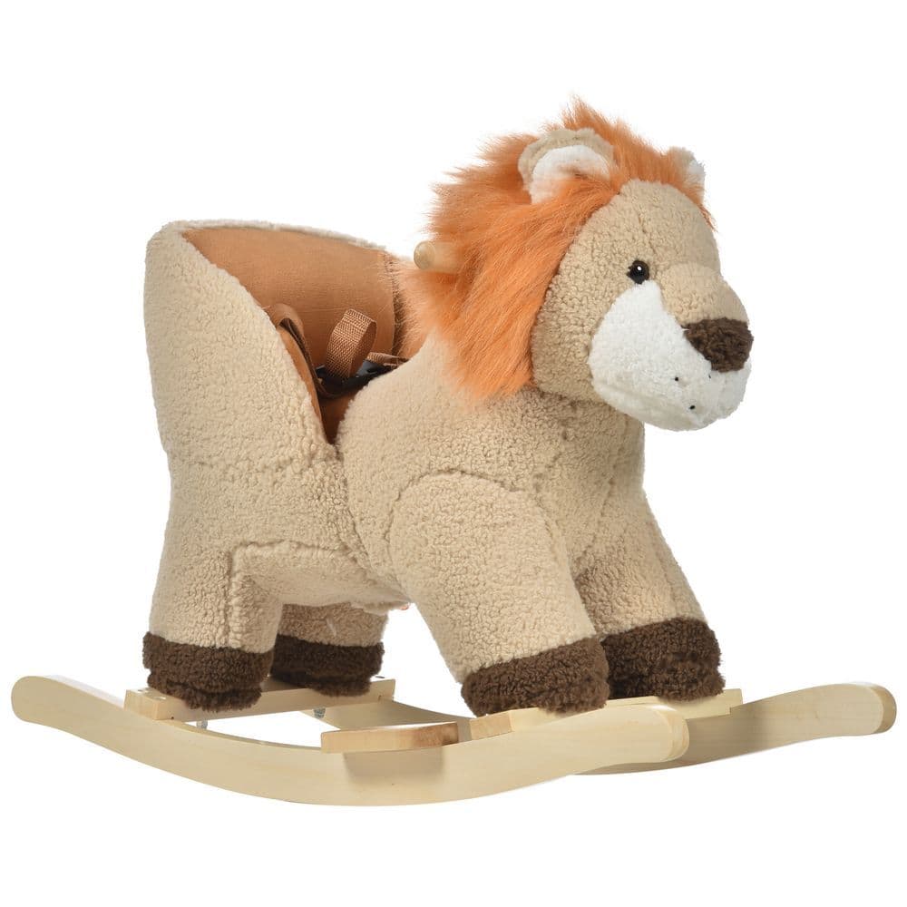 image-Kids Rocking Lion Plush Ride On Seat Sound Button Wood Base Seat Belt HOMCOM