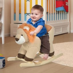 image-Kids Rocking Lion Plush Ride On Seat Sound Button Wood Base Seat Belt HOMCOM