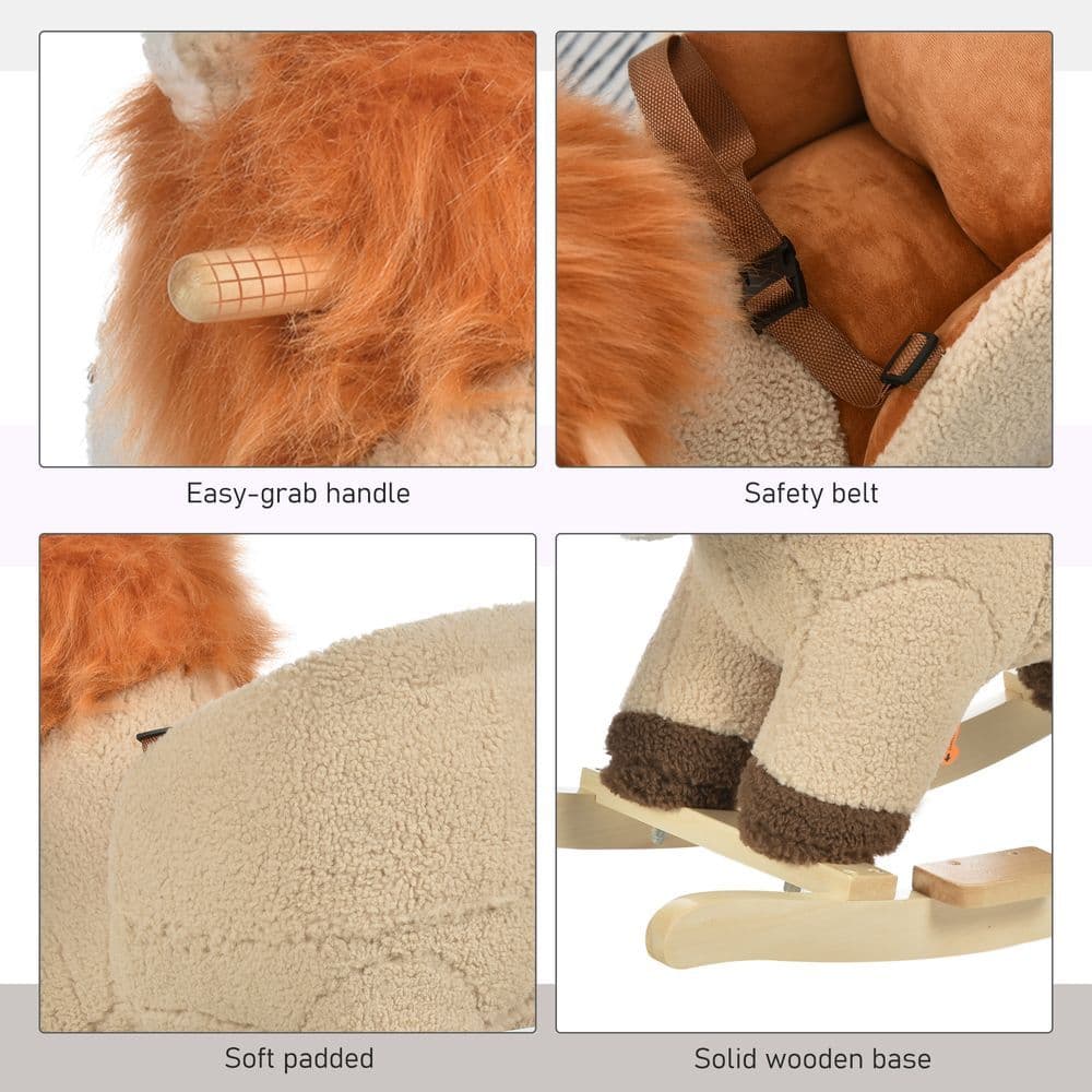 image-Kids Rocking Lion Plush Ride On Seat Sound Button Wood Base Seat Belt HOMCOM