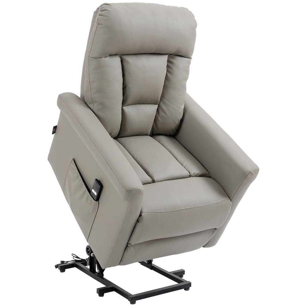 image-Power Lift Chair, PU Leather Electric Recliner with Side Pocket, Grey HOMCOM