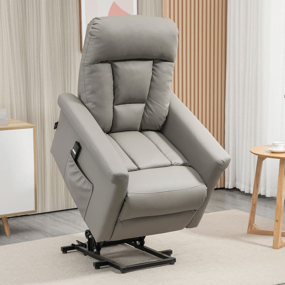 image-Power Lift Chair, PU Leather Electric Recliner with Side Pocket, Grey HOMCOM