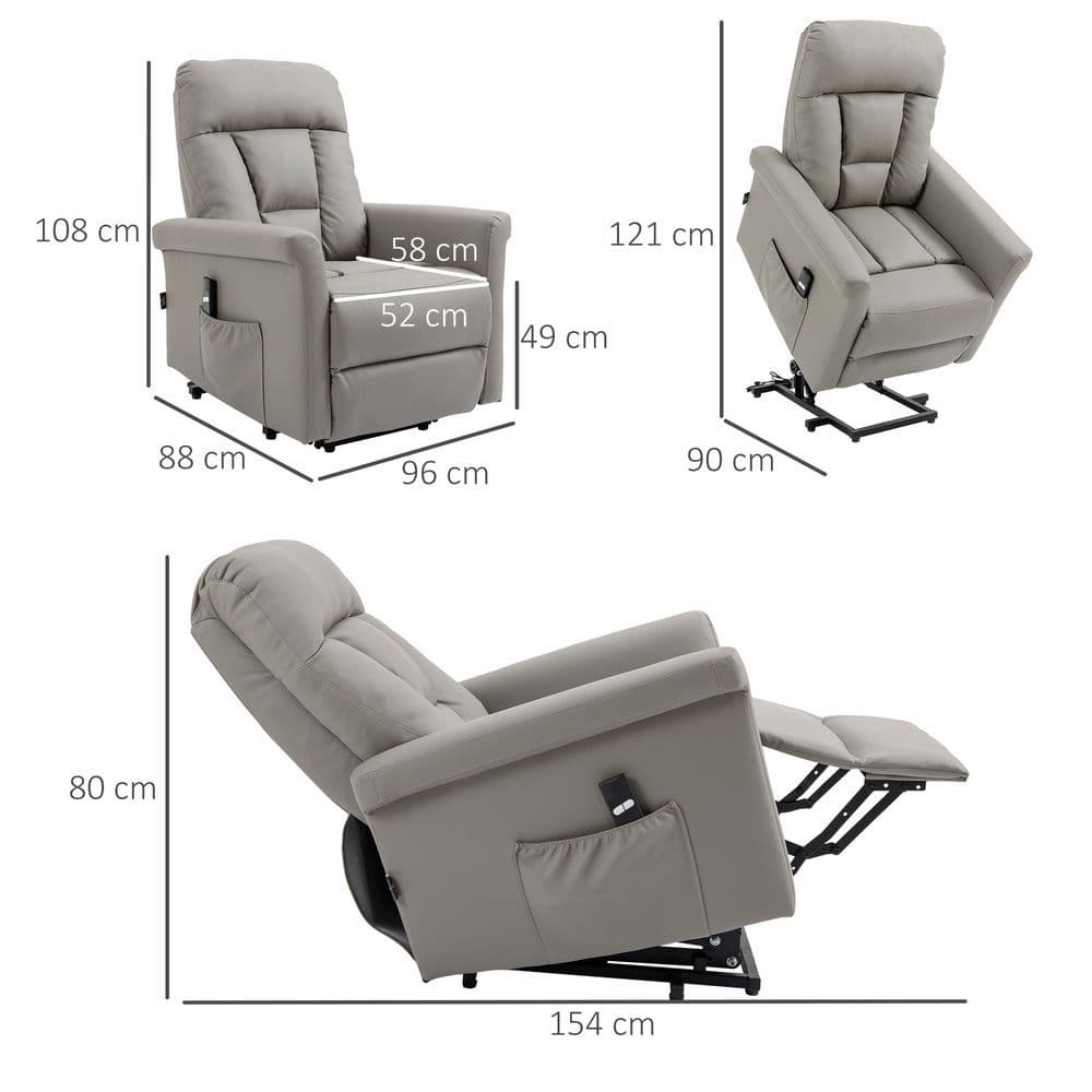 image-Power Lift Chair, PU Leather Electric Recliner with Side Pocket, Grey HOMCOM
