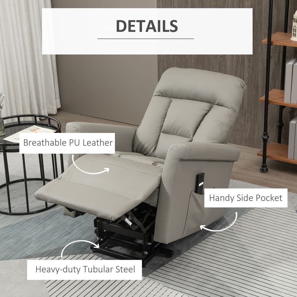 image-Power Lift Chair, PU Leather Electric Recliner with Side Pocket, Grey HOMCOM