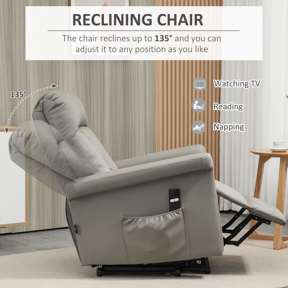 image-Power Lift Chair, PU Leather Electric Recliner with Side Pocket, Grey HOMCOM