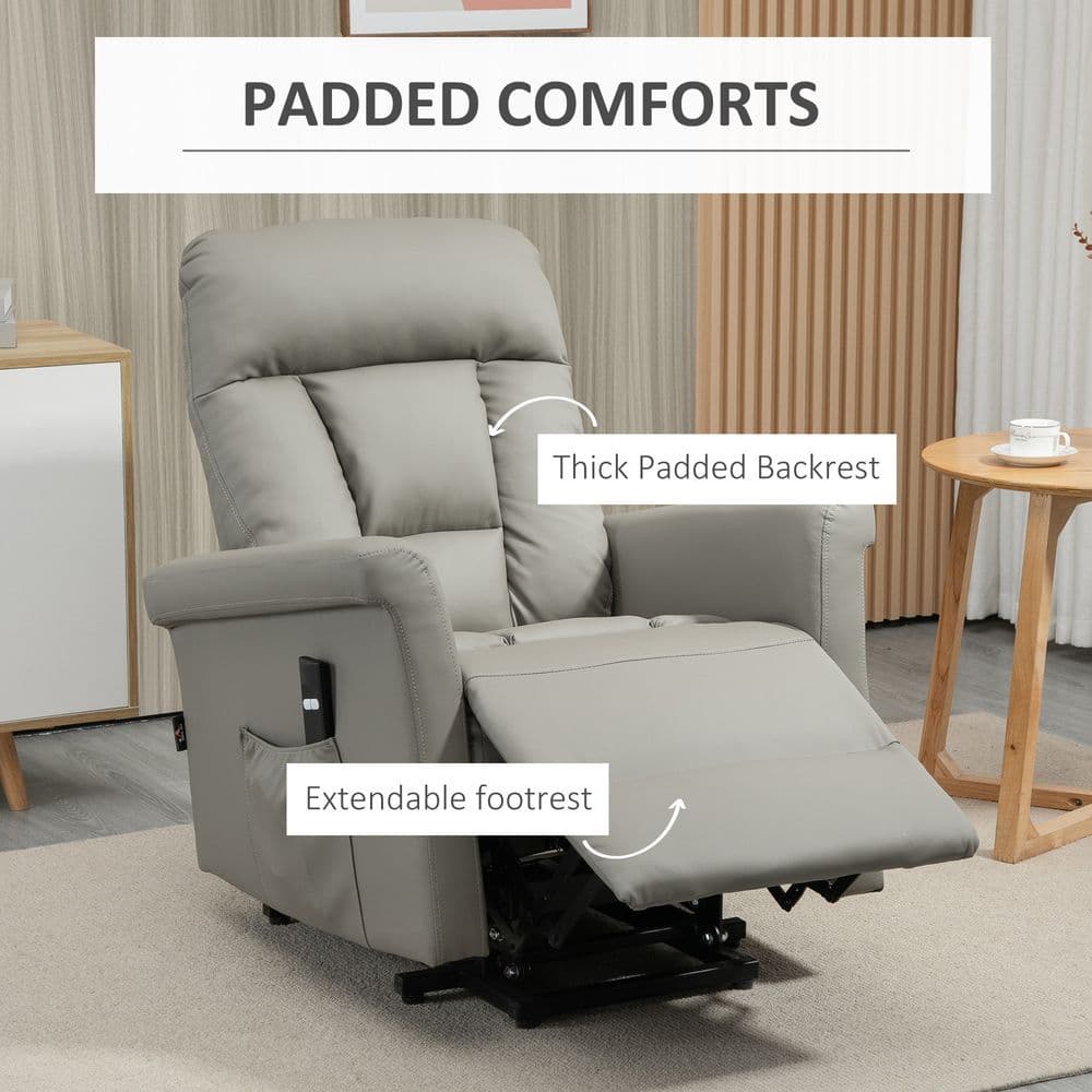 image-Power Lift Chair, PU Leather Electric Recliner with Side Pocket, Grey HOMCOM