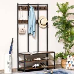 image-Entryway Coat Rack Hall Tree Shoe Bench 3 in 1 Design Metal Rack HOMCOM