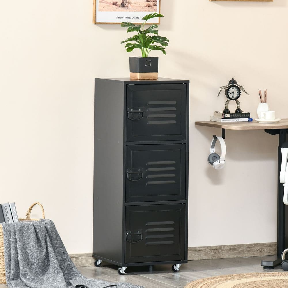 image-Rolling Storage Cabinet 3-Tier Mobile File Cabinet with Wheels Black