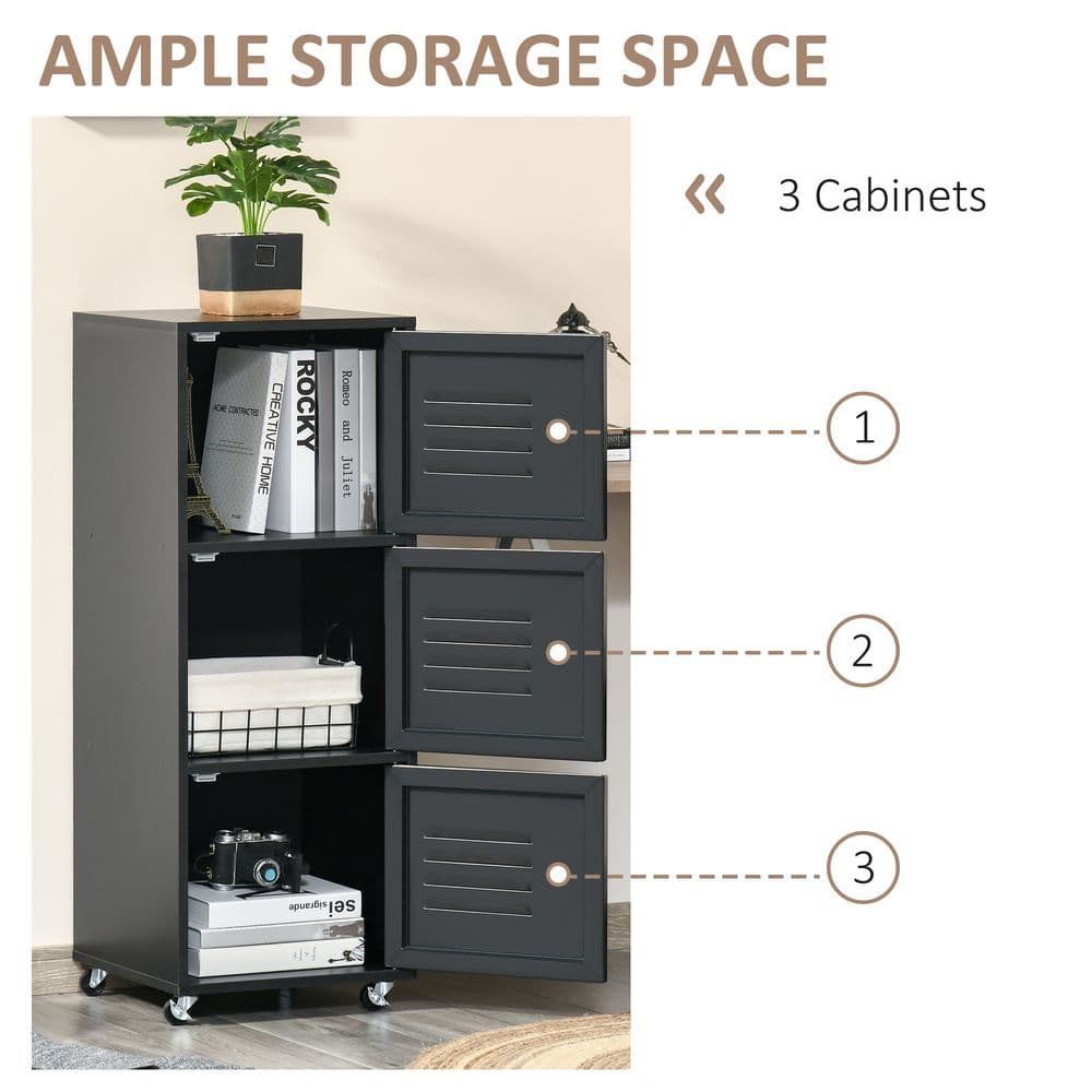 image-Rolling Storage Cabinet 3-Tier Mobile File Cabinet with Wheels Black