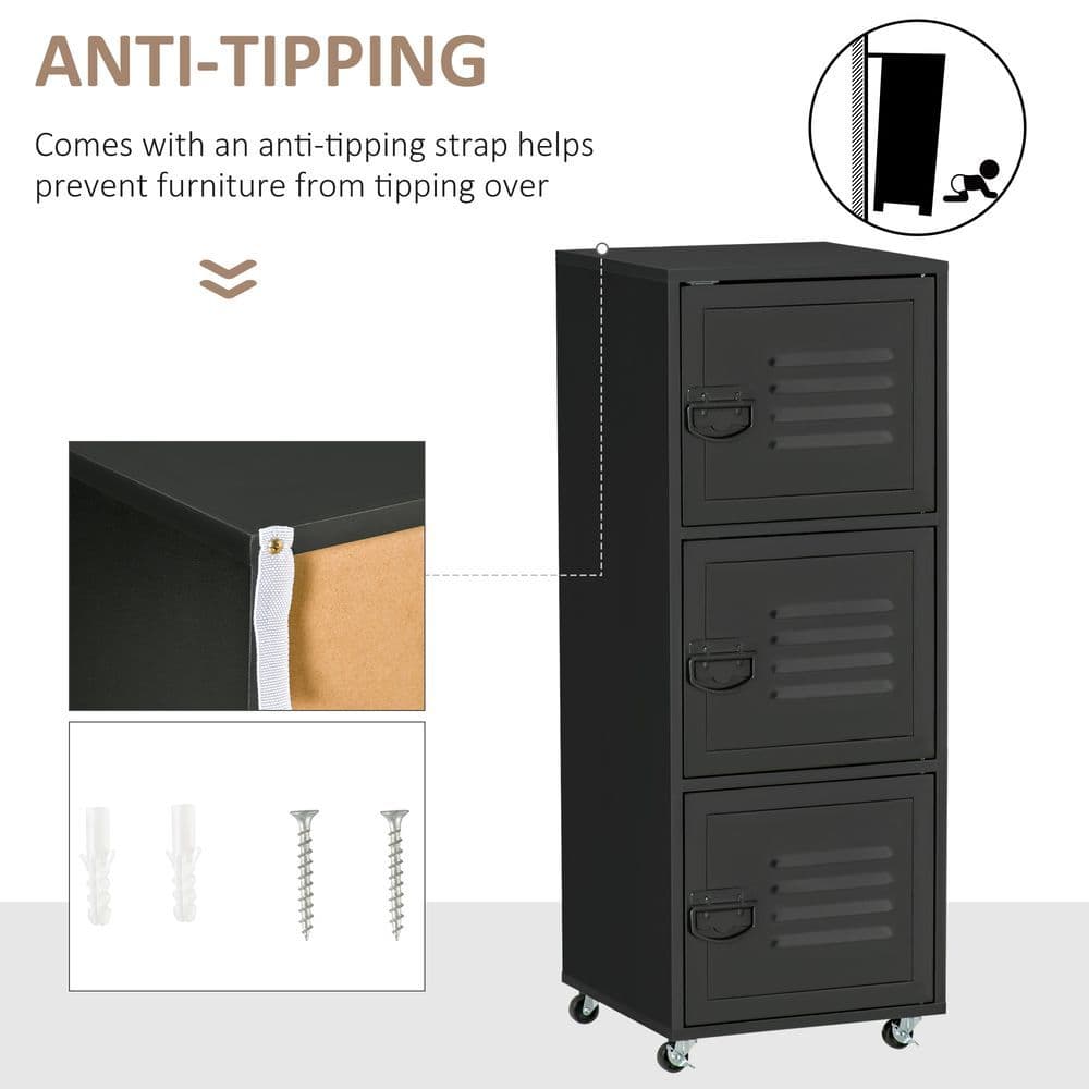 image-Rolling Storage Cabinet 3-Tier Mobile File Cabinet with Wheels Black