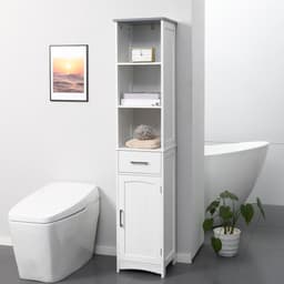 image-kleankin Tall Bathroom Storage Cabinet, Slim Freestanding Linen Tower, White