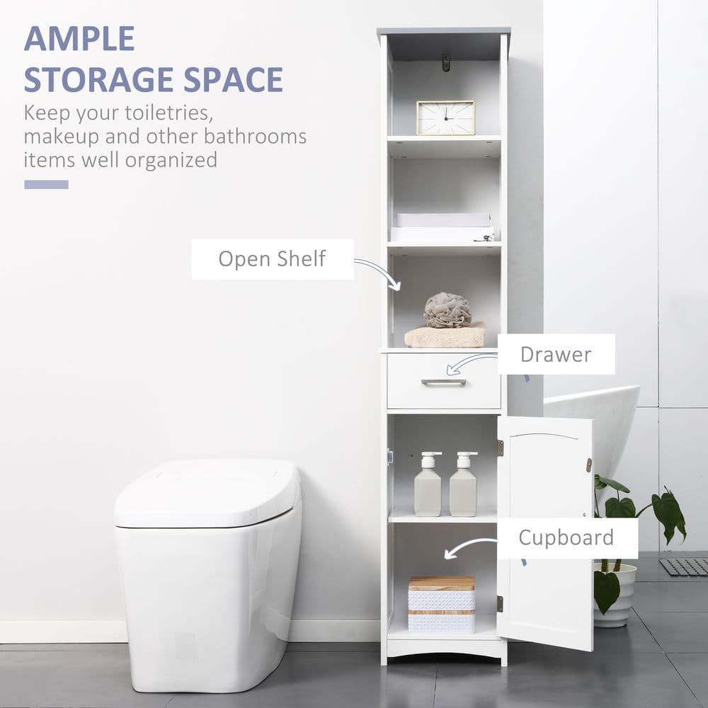 image-kleankin Tall Bathroom Storage Cabinet, Slim Freestanding Linen Tower, White