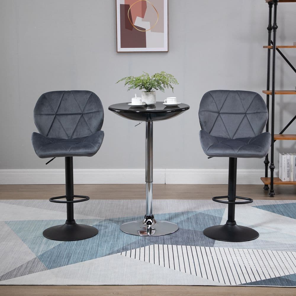 image-Bar Stool Set of 2 Fabric Adjustable Height Counter Chairs Dark Grey