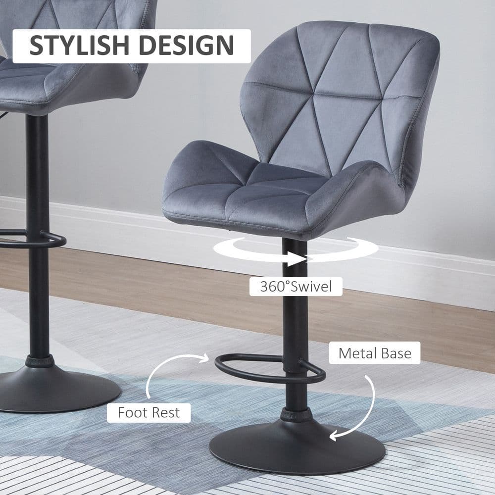 image-Bar Stool Set of 2 Fabric Adjustable Height Counter Chairs Dark Grey