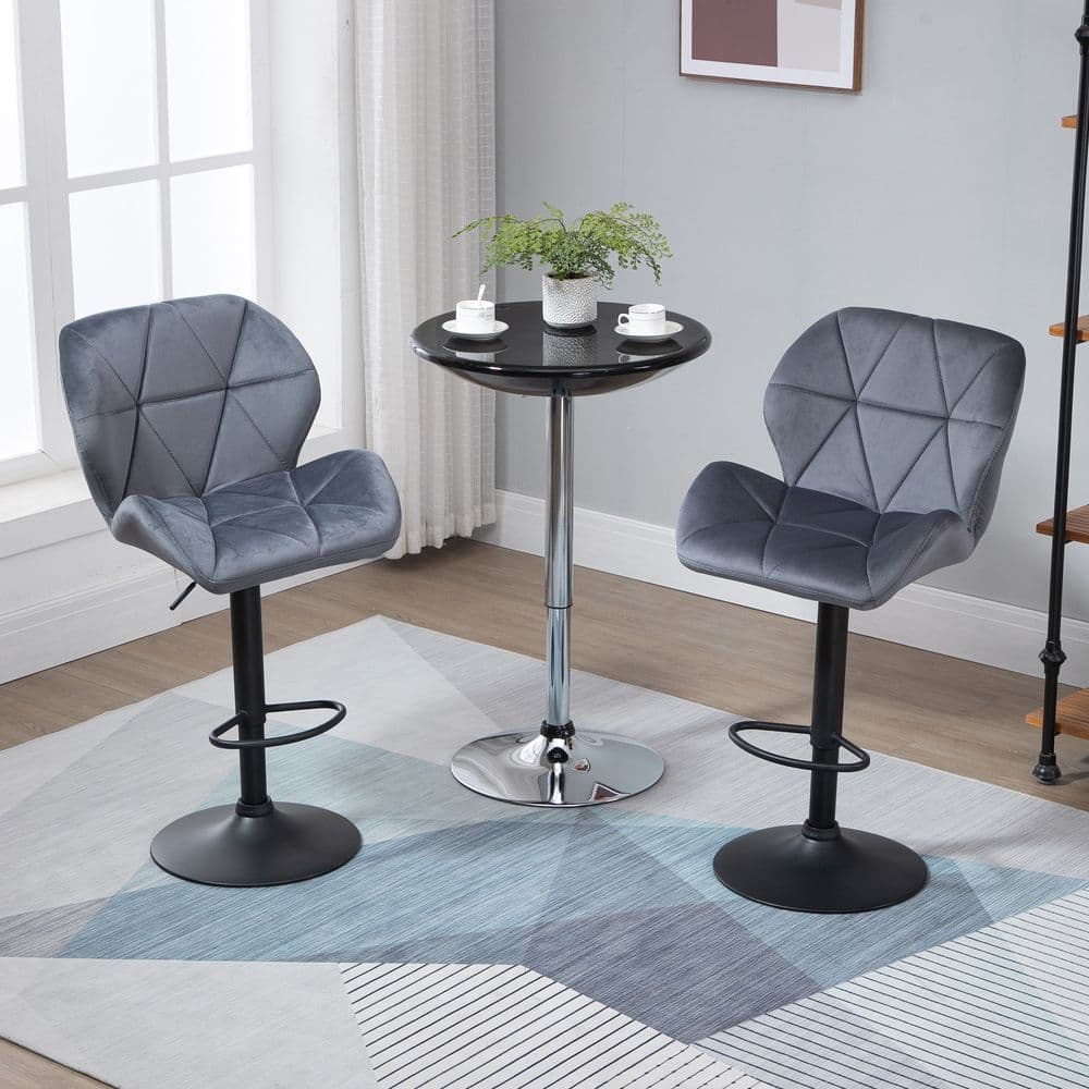 image-Bar Stool Set of 2 Fabric Adjustable Height Counter Chairs Dark Grey