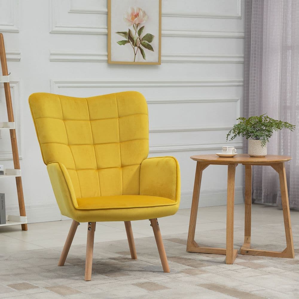 image-HOMCOM Modern Accent Chair Velvet-Touch Tufted Wingback Armchair, Yellow