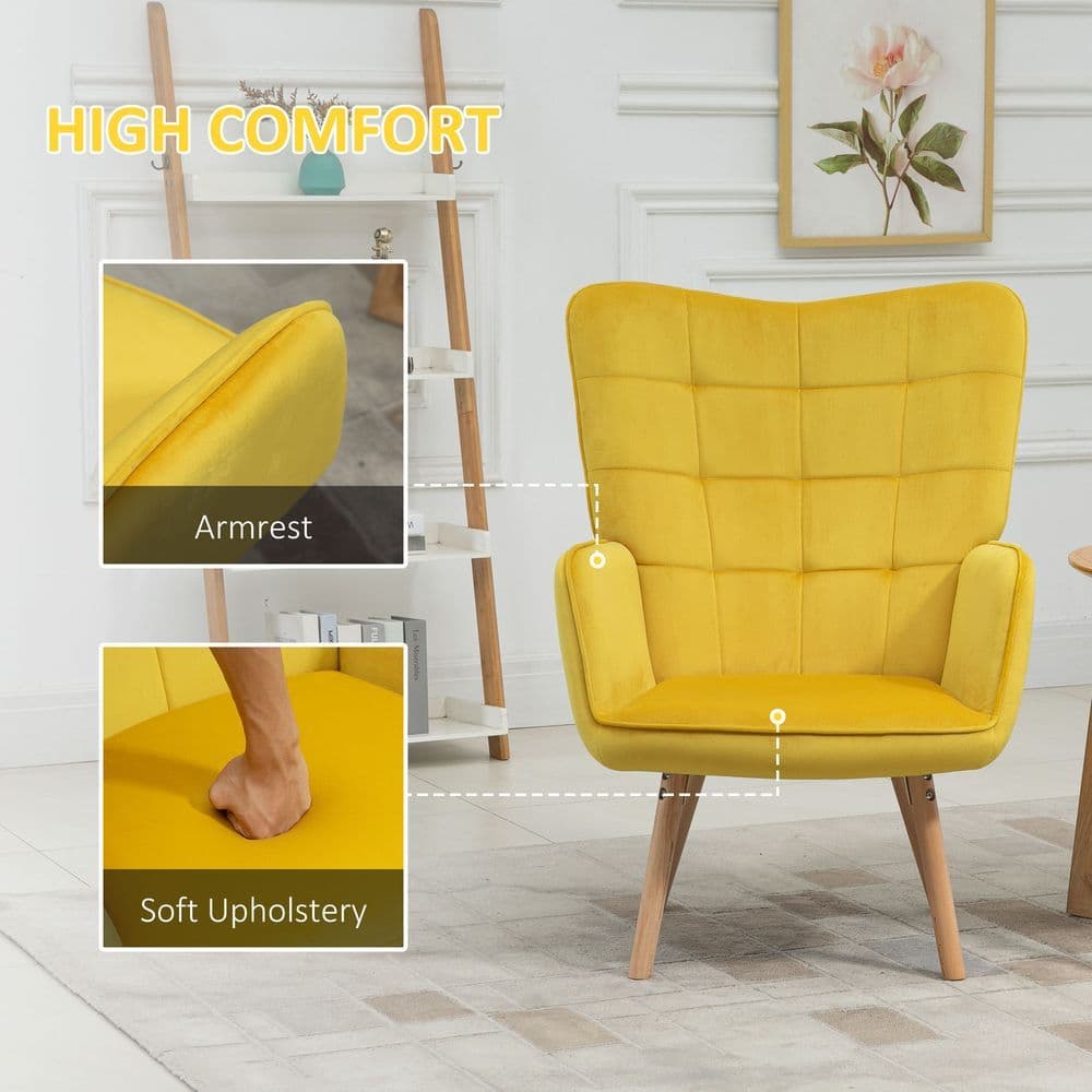 image-HOMCOM Modern Accent Chair Velvet-Touch Tufted Wingback Armchair, Yellow