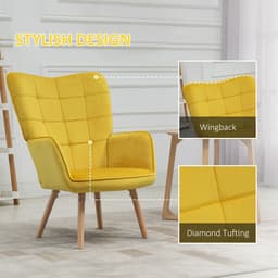image-HOMCOM Modern Accent Chair Velvet-Touch Tufted Wingback Armchair, Yellow