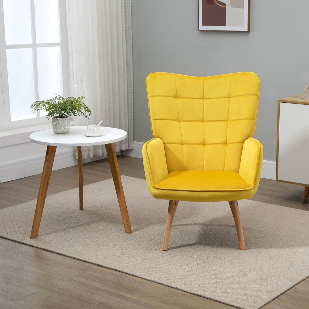 image-HOMCOM Modern Accent Chair Velvet-Touch Tufted Wingback Armchair, Yellow