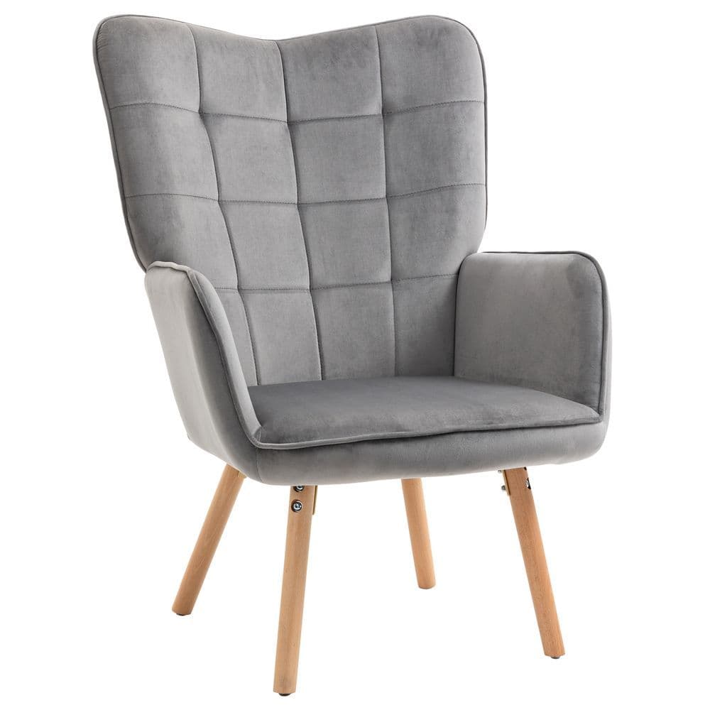 image-HOMCOM Modern Accent Chair Velvet-Touch Tufted Wingback Armchair Grey
