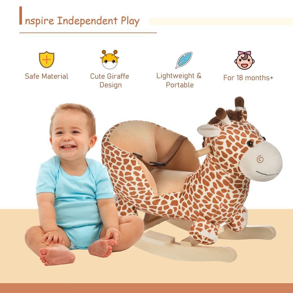 image-Baby Rocking Horse Kids Ride on Giraffe Plush Toy W/ 32 Song Seat Belt