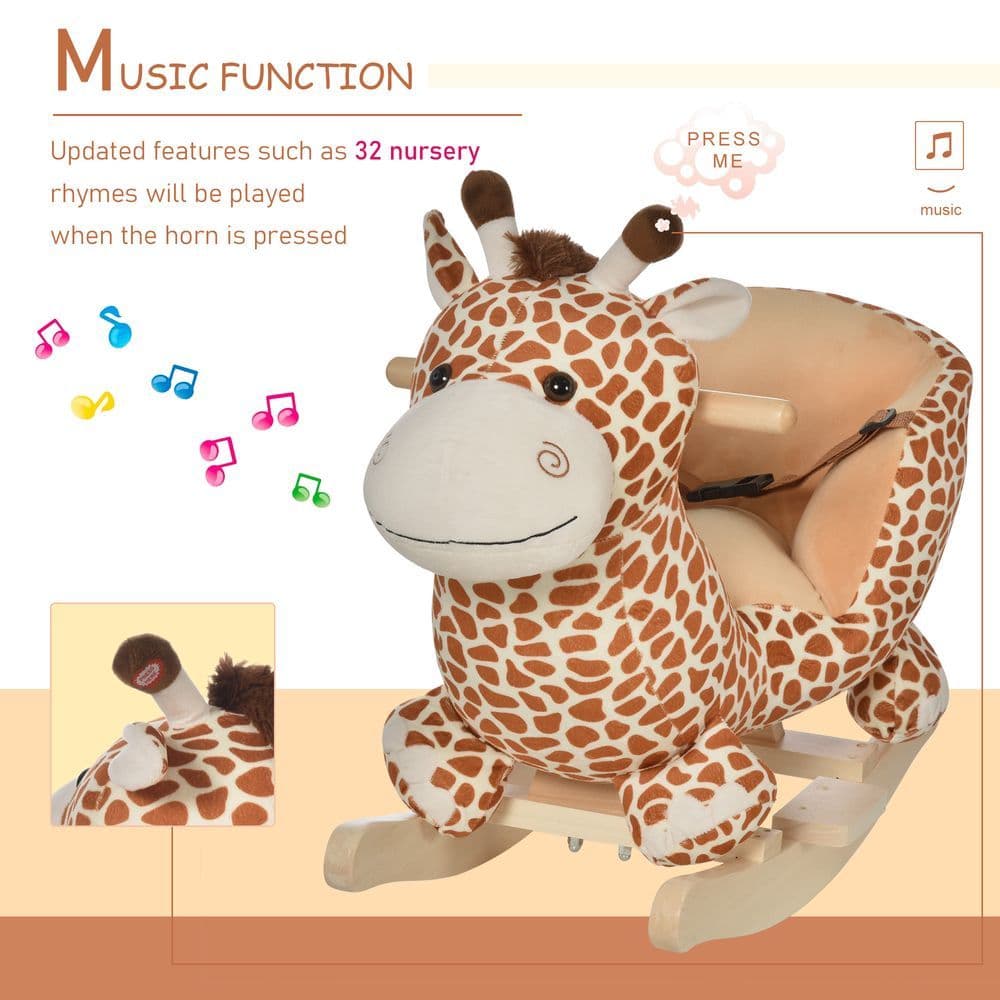 image-Baby Rocking Horse Kids Ride on Giraffe Plush Toy W/ 32 Song Seat Belt