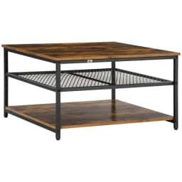 image-HOMCOM Industrial Coffee Table, Cocktail Table Storage Shelves, Rustic Brown