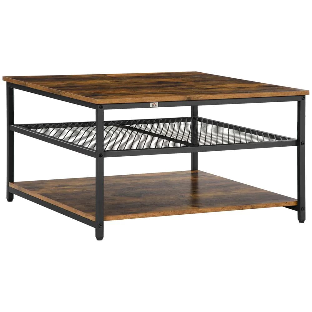 image-HOMCOM Industrial Coffee Table, Cocktail Table Storage Shelves, Rustic Brown