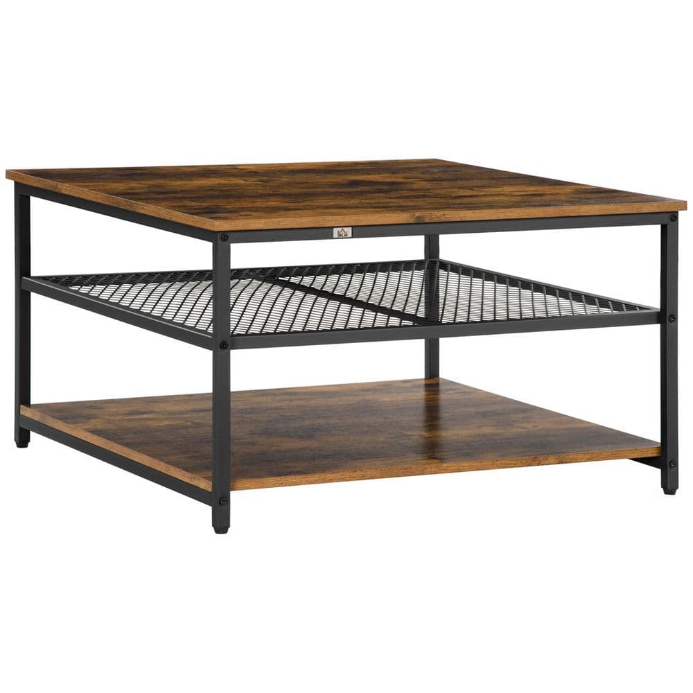image-HOMCOM Industrial Coffee Table, Cocktail Table Storage Shelves, Rustic Brown