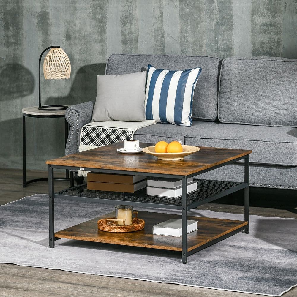 image-HOMCOM Industrial Coffee Table, Cocktail Table Storage Shelves, Rustic Brown